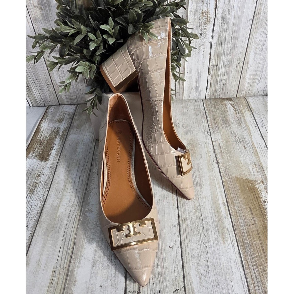 Tory Burch Eleanor Beige Croc Embossed Leather Pointed Toe Block Heel Pumps 5M - Picture 10 of 15
